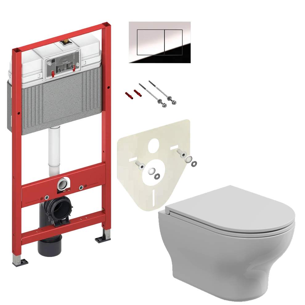 Комплект: Подвесной унитаз с крышкой и креплением GSG Ceramic Design Speed SPWCSO000+SPCOPRSLTICR000+ACS40EX, белый глянцевый + инсталляция TECE Profil 9400412 c кнопкой