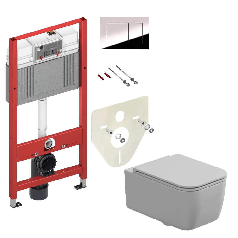 Комплект: Подвесной унитаз с крышкой и креплением GSG Ceramic Design Brio BRWCSO000+BRCOPRSLTICR000+ACS40EX, белый глянцевый + инсталляция TECE Profil 9400412 c кнопкой