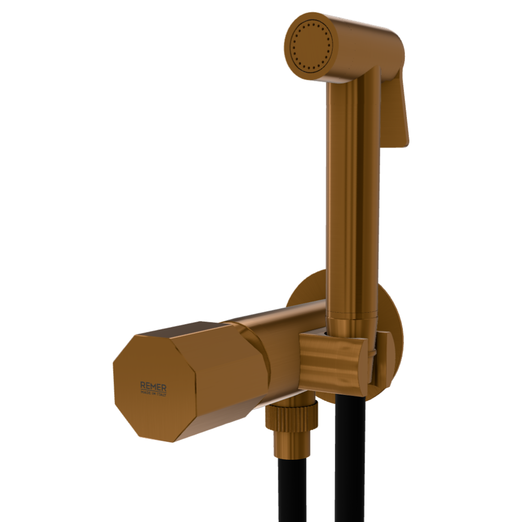 Смеситель с гигиеническим душем Remer Ottagono ON65OEWBCU, медь брашированная PVD