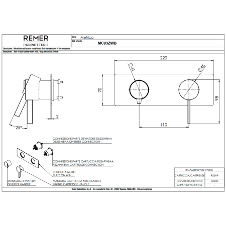 Смеситель для душа Remer Metrica MC93ZWBBR, бронза масляная