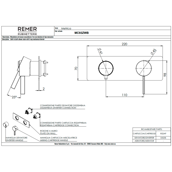 Смеситель для душа Remer Metrica MC93ZWBDO, золото глянцевое