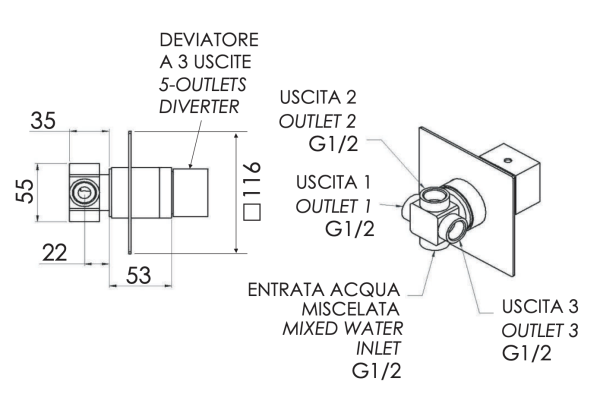 Дивертер на 3 выхода Remer Qubika Q93DEV3NO, черный матовый