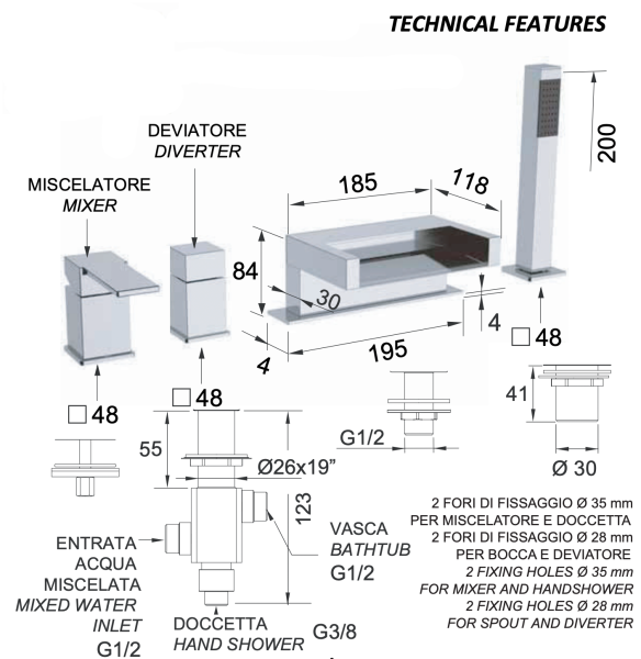 Смеситель для ванны Remer Qubika Cascata QC06BO, белый матовый