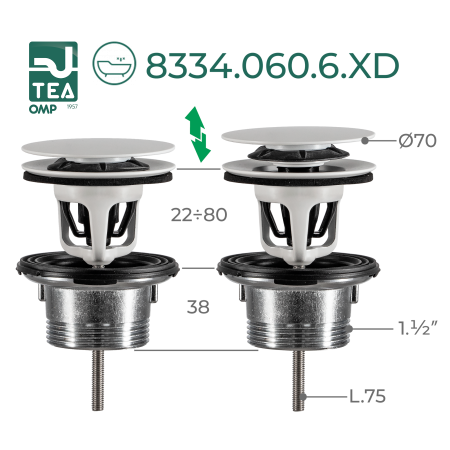 Донный клапан с переливом для ванны click-clack 1”1/2 OMP Tea Clicker 8334.060.6.XD, белый матовый