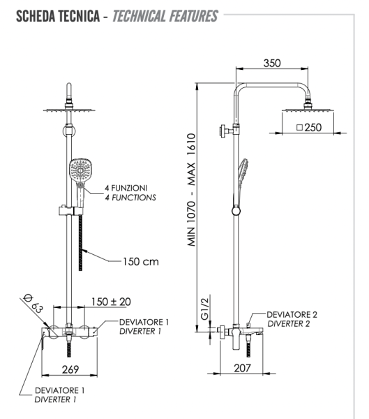 Душевая система с изливом Remer Energy EY34A8CPUFD25G 