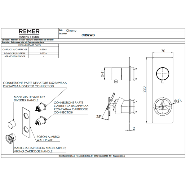 Смеситель для душа Remer Chrono CH92WBRP, медь брашированная