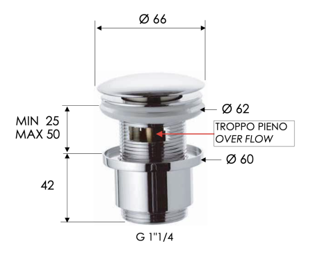 Донный клапан с переливом 1”1/4 Remer 905CC2114RL, медь глянцевая