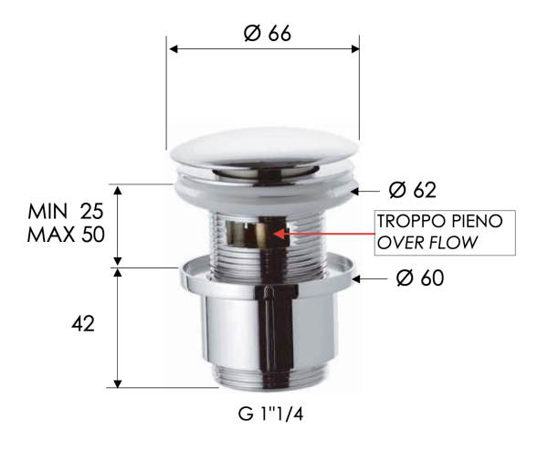 Донный клапан с переливом 1”1/4 Remer 905CC2114XV, сталь
