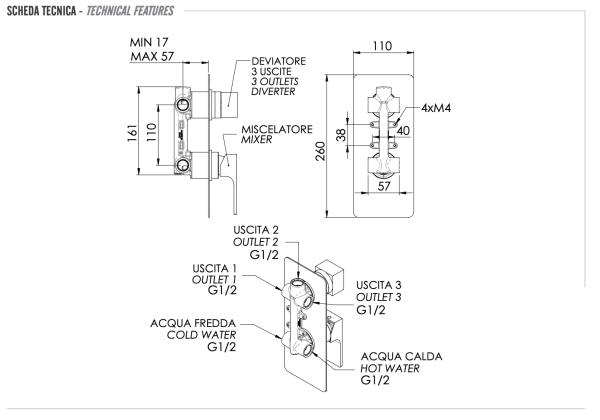 Смеситель для душа Remer Absolute AU93BG, золото брашированное