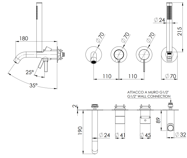 Смеситель для ванны Remer Metrica MC53D2PWBDO, золото глянцевое