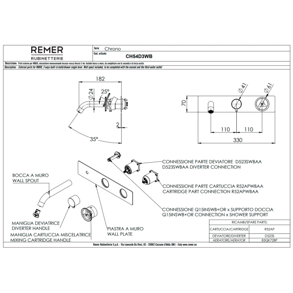 Смеситель для ванны Remer Chrono CH54D3WB