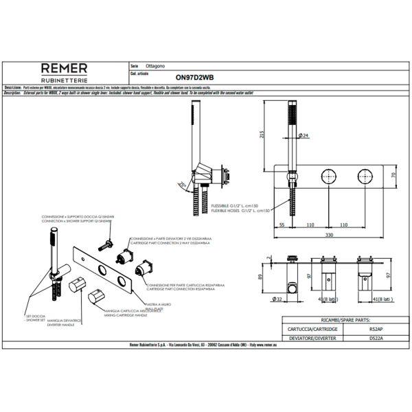 Смеситель для душа Remer Ottagono ON97D2WBGM, оружейная сталь PVD