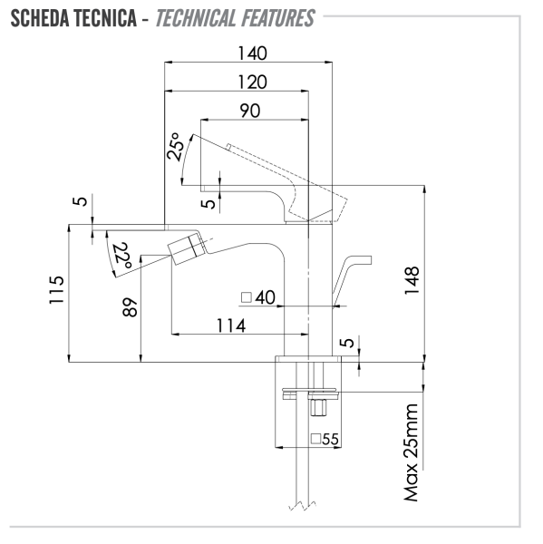 Смеситель для биде Remer Absolute AU20XV, сталь