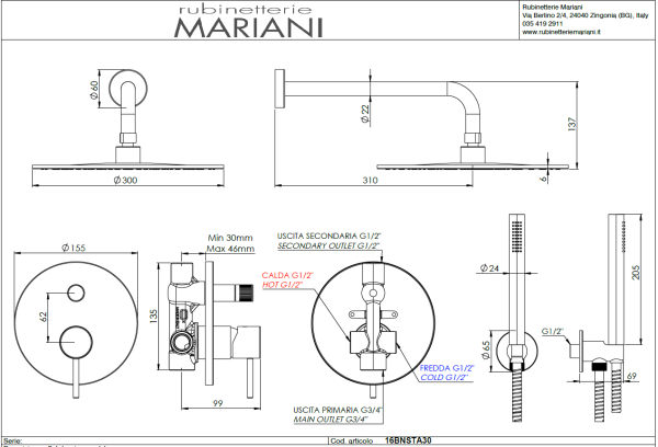 Душевая система  Mariani Next B2216BNSTB30, золото брашированное