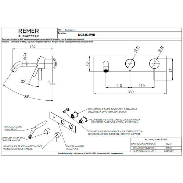 Смеситель для ванны Remer Metrica MC54D2WBCFP, черный брашированный хром