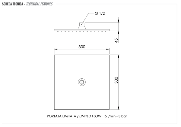 Верхний душ с шарнирным соединением 30 см Remer 359SSLXVX, сталь