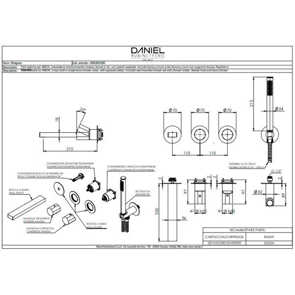 Смеситель для ванны Remer Ottagono ON53D2PWBGM, оружейная сталь PVD