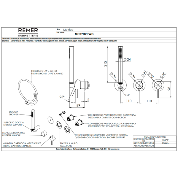 Смеситель для душа Remer Metrica MC97D2PWBDO, золото глянцевое