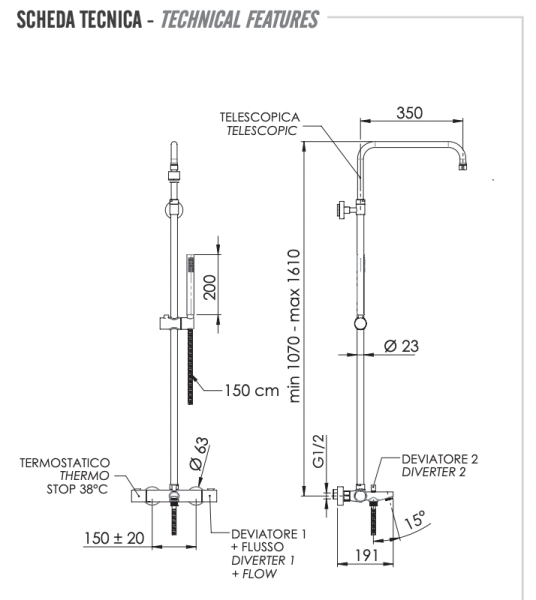 Душевая система термостатическая с изливом Remer Elegance EQ34A7MMSSOFXV, сталь