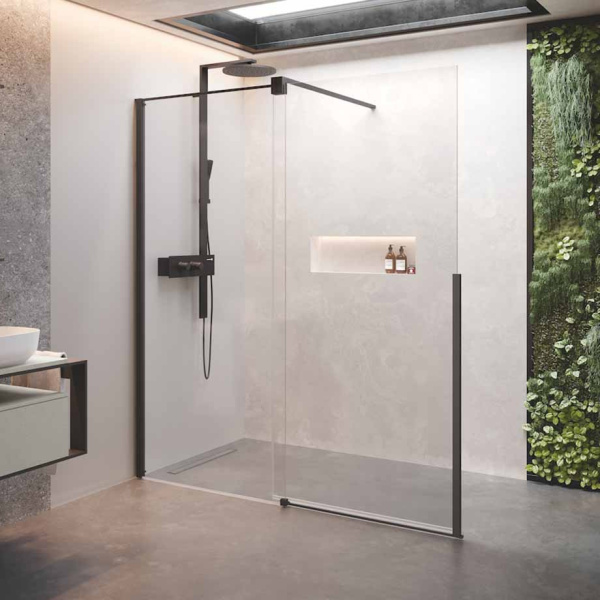 Дверь в нишу сдвижная 140 см (137-139x200) Novellini H Style HSTYLE140S-1H, левая, профиль Black Matt, стекло прозрачное CrystalClear