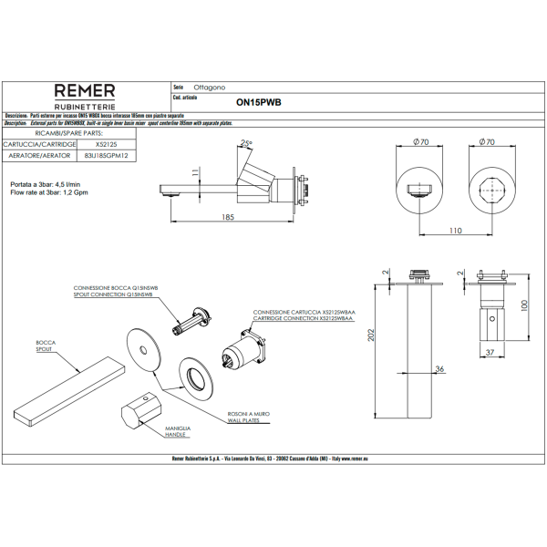Смеситель для раковины Remer Ottagono ON15PWBGM, оружейная сталь PVD