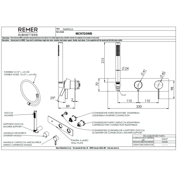 Смеситель для душа Remer Metrica MC97D3WBNO, черный матовый
