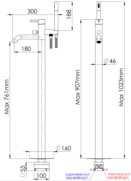 Смеситель для ванны напольный Remer Metrica MC08GP, золото глянцевое PVD
