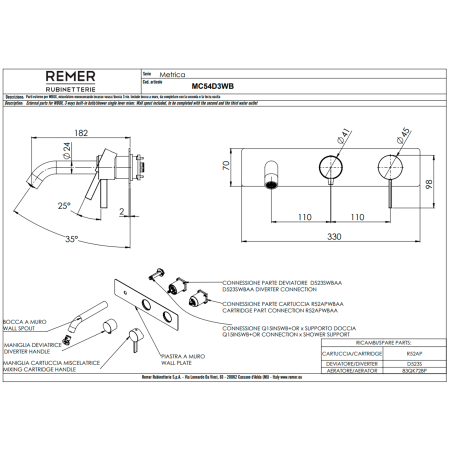 Смеситель для ванны Remer Metrica MC54D3WBXV, сталь