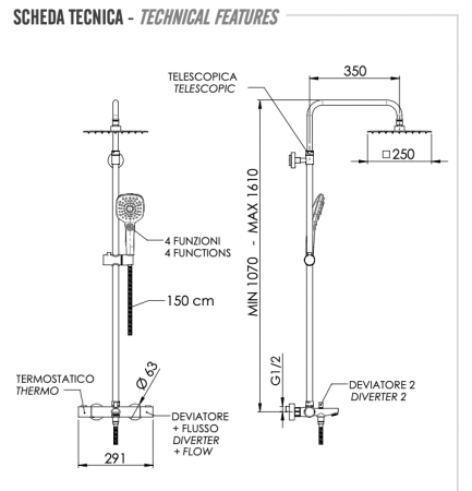 Душевая система термостатическая с изливом Remer EQ34A8CPUFS25G