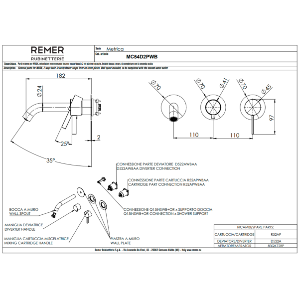 Смеситель для ванны Remer Metrica MC54D2PWBNO, черный матовый