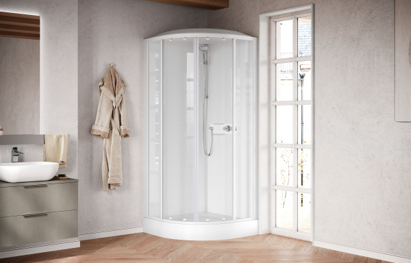 Душевая кабина 90х90x226 см, Standard с крышей, термостат, стекла прозрачные, цвет белый глянцевый Novellini Media Glass CM01RR90TF-1AA 