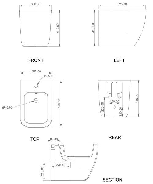 Биде приставное GSG Ceramic Design Brio BRBI01000, белый глянцевый
