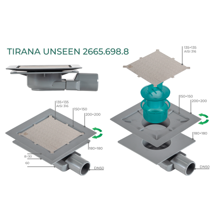 Трап 135х135 мм, решетка под плитку, горизонтальный выход OMP Tea Tirana Unseen 2665.698.8
