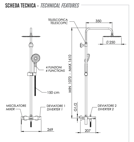 Душевая система с изливом Remer Energy EY34A8MPUFM25G