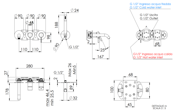 Смеситель для ванны Remer Metrica MC53D2PXV, сталь