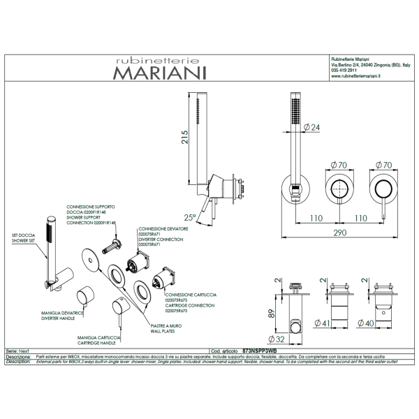 Смеситель для душа Mariani Next B22873NSPP3WB, золото брашированное