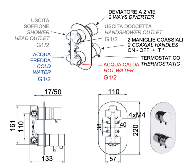 Смеситель термостатический для душа Remer Elegance NT92NO, черный матовый