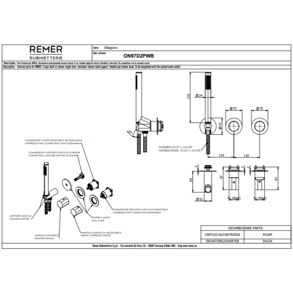 Смеситель для душа Remer Ottagono ON97D2PWBGM, оружейная сталь PVD