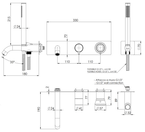 Смеситель для ванны Remer Element ET53D2WBDO, золото глянцевое