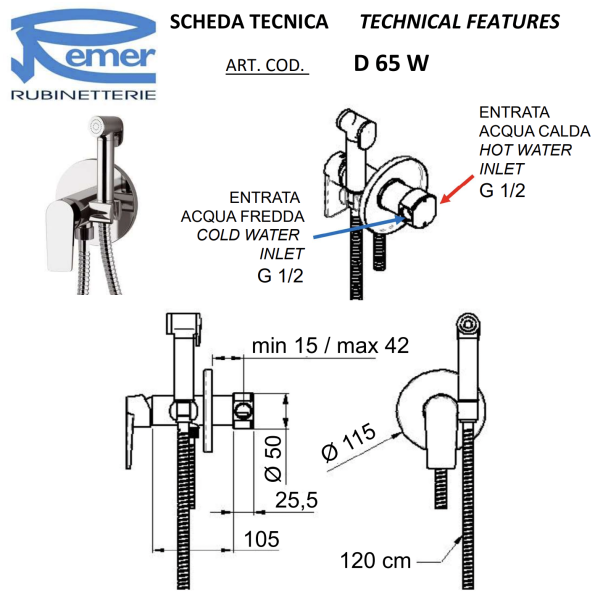 Гигиенический душ со смесителем Remer Dream D65W