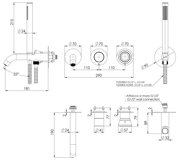 Смеситель для ванны Remer Element ET53D2PWBBR, бронза масляная