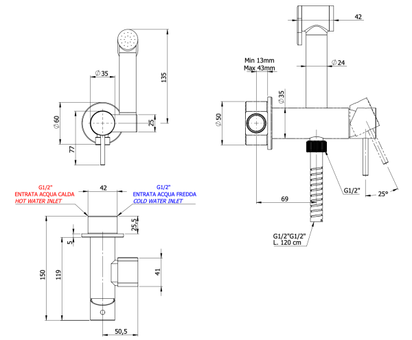 Гигиенический душ со смесителем Remer X Style X65C25W