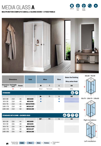 Душевая кабина 90х90x226 см, Standard с крышей, термостат, стекла прозрачные, цвет белый глянцевый Novellini Media Glass CM01RA90TF-1AA 