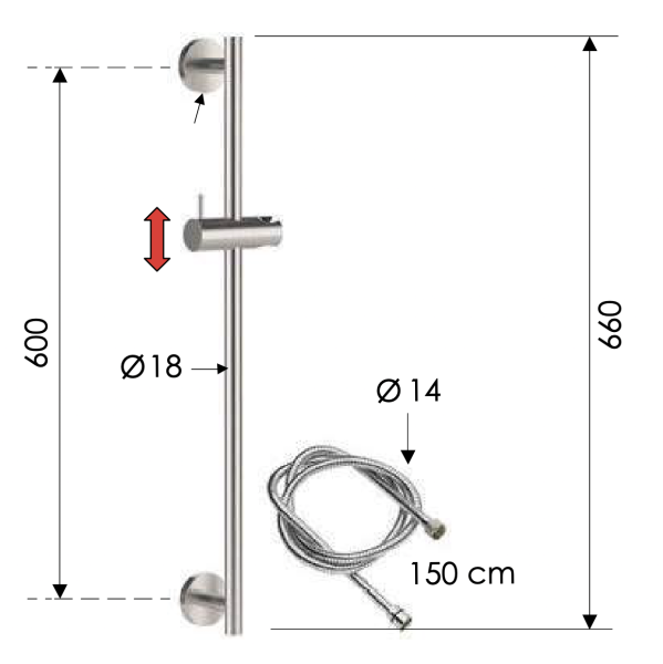 Душевая стойка 66 см с шлангом Remer INOX SS317M332, нержавеющая сталь