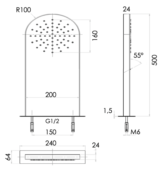 Верхний душ настенный 50x20 см Remer 350MMNOX, черный матовый