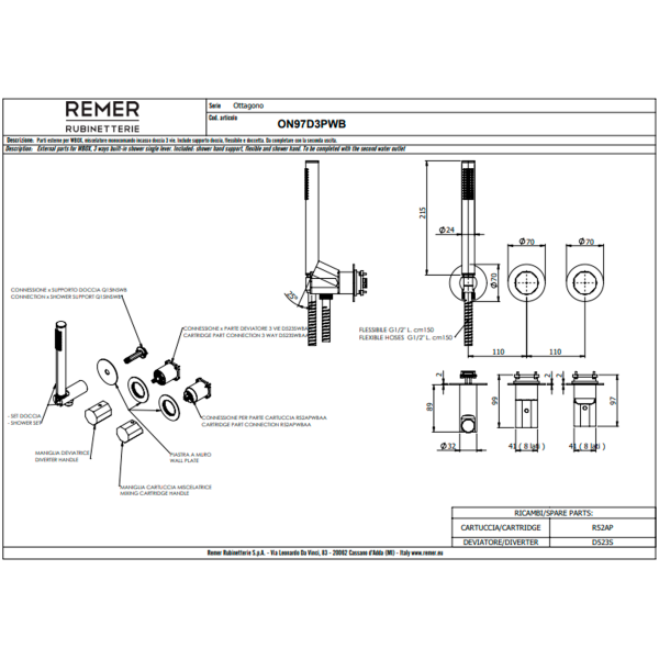 Смеситель для душа Remer Ottagono ON97D3PWBGM, оружейная сталь PVD