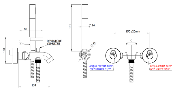 Смеситель для ванны Remer Metrica MC02NZ, никель брашированный PVD