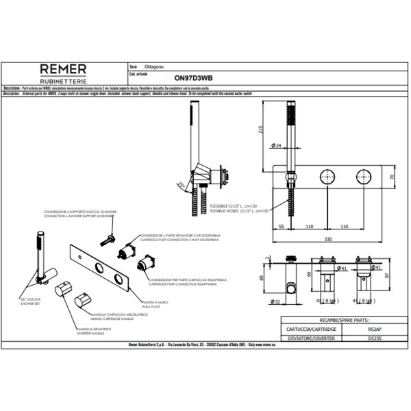 Смеситель для душа Remer Ottagono ON97D3WBNZ, никель брашированный PVD