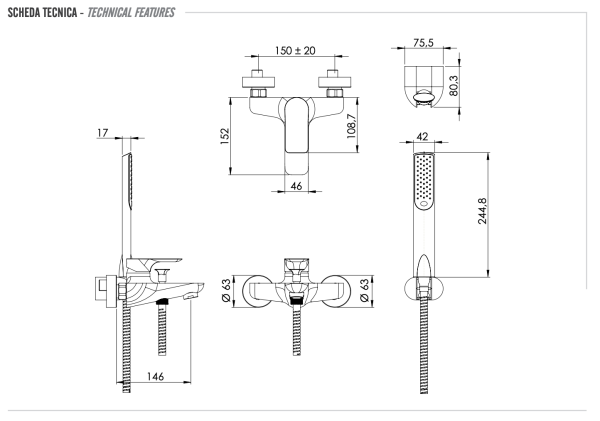 Смеситель для ванны Remer Infinity I02NO, черный матовый