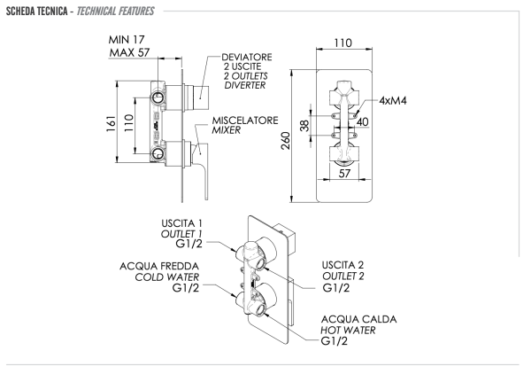 Смеситель для душа Remer Absolute AU92NO, чёрный матовый
